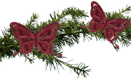 Cosy&Trendy 2x stuks kerstboom decoratie vlinders op clip glitter bordeaux rood 14 cm - Kersthangers