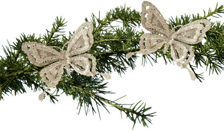 Cosy&Trendy 2x stuks kerstboom decoratie vlinders op clip glitter champagne 14 cm - Kersthangers Champagnekleurig