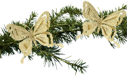 Cosy&Trendy 2x stuks kerstboom decoratie vlinders op clip glitter goud 14 cm - Kersthangers Goudkleurig