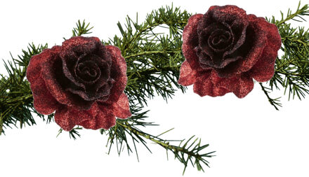 Cosy&Trendy 2x stuks kerstboomversiering bloemen op clip donkerrood glitter 10 cm - Kersthangers