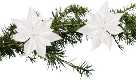 Cosy&Trendy 2x stuks kerstboomversiering kunstbloemen op clip wit 18 cm - Kersthangers