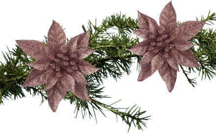 Cosy&Trendy 2x stuks kerstboomversiering op clip donker beige glitter bloem 15 cm - Kersthangers