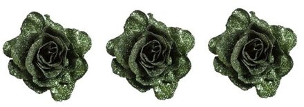 Cosy&Trendy 3x Groene decoratie roos glitters op clip 10 cm - Kersthangers