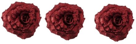 Cosy&Trendy 3x Kerstboomversiering bloem op clip rode glitter roos 18 cm Rood