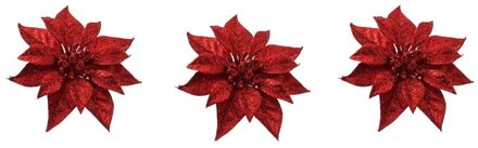 Cosy&Trendy 3x Kerstboomversiering bloem op clip rode kerstster 18 cm Rood