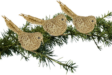 Cosy&Trendy 3x Kerstboomversiering glitter gouden vogeltjes op clip 12 cm