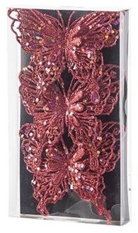 Cosy&Trendy 3x Kerstboomversiering vlinders op clip glitter rood 11 cm