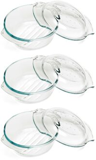 Cosy&Trendy 3x Ronde ovenschaal glas met deksel 22 x 10,5 cm - 2,4 L - Glazen ovenschalen