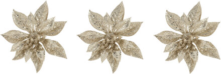 Cosy&Trendy 3x stuks decoratie bloemen kerstster champagne glitter op clip 15 cm - Kunstbloemen Champagnekleurig