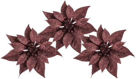 Cosy&Trendy 3x stuks decoratie bloemen kerstster donkerrood glitter op clip 18 cm - Kunstbloemen