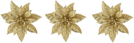 Cosy&Trendy 3x stuks decoratie bloemen kerstster goud glitter op clip 15 cm - Kunstbloemen Goudkleurig