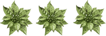 Cosy&Trendy 3x stuks decoratie bloemen kerstster groen glitter op clip 18 cm - Kunstbloemen