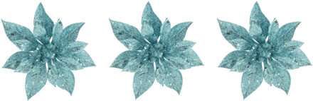 Cosy&Trendy 3x stuks decoratie bloemen kerstster ijsblauw glitter op clip 15 cm - Kunstbloemen