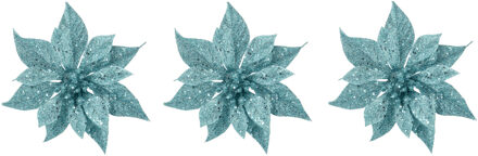 Cosy&Trendy 3x stuks decoratie bloemen kerstster ijsblauw glitter op clip 18 cm - Kunstbloemen