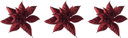 Cosy&Trendy 3x stuks decoratie bloemen kerstster rood glitter op clip 15 cm - Kunstbloemen Goudkleurig