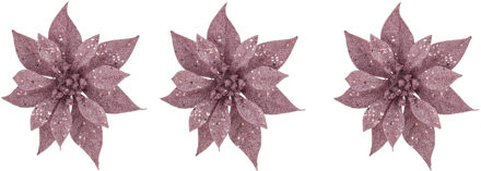 Cosy&Trendy 3x stuks decoratie bloemen kerstster roze glitter op clip 18 cm - Kunstbloemen