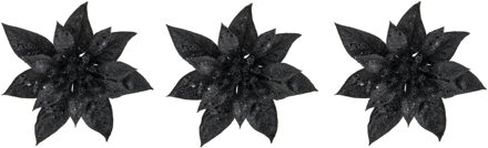 Cosy&Trendy 3x stuks decoratie bloemen kerstster zwart glitter op clip 15 cm - Kunstbloemen