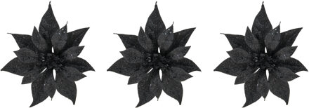 Cosy&Trendy 3x stuks decoratie bloemen kerstster zwart glitter op clip 18 cm - Kunstbloemen