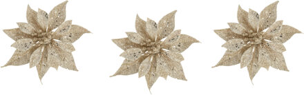 Cosy&Trendy 3x stuks decoratie bloemen roos champagne glitter op clip 10 cm - Kunstbloemen Champagnekleurig