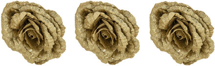 Cosy&Trendy 3x stuks decoratie bloemen roos goud glitter op clip 18 cm
