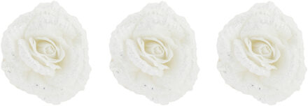 Cosy&Trendy 3x stuks decoratie bloemen roos wit glitter op clip 18 cm