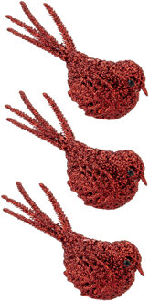 Cosy&Trendy 3x stuks decoratie vogels op clip glitter rood 16 cm