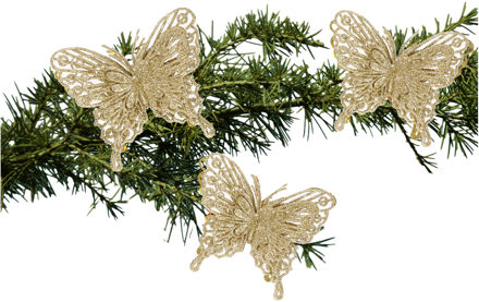 Cosy&Trendy 3x stuks kerstboom vlinders op clip glitter goud 11 cm - Kersthangers Goudkleurig
