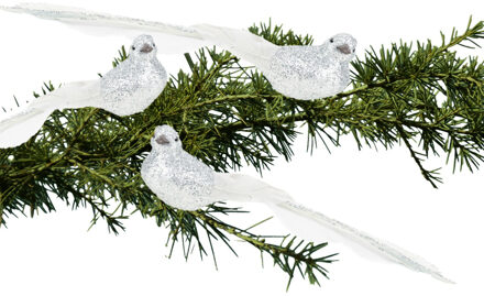 Cosy&Trendy 3x stuks kunststof decoratie vogels op clip zilver glitter 21 cm