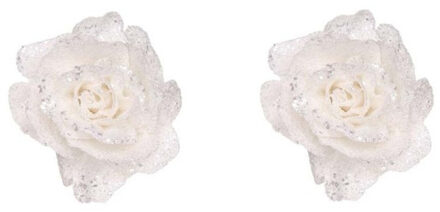 Cosy&Trendy 3x stuks witte rozen met glitters op clip 10 cm - kerstversiering