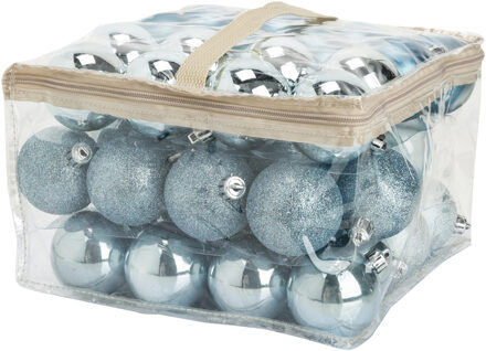 Cosy&Trendy 48x stuks kunststof kerstballen ijsblauw 6 cm in opbergtas/opbergbox