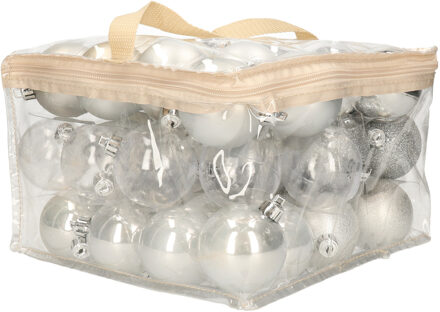Cosy&Trendy 48x stuks kunststof kerstballen zilver 6 cm in opbergtas/opbergbox