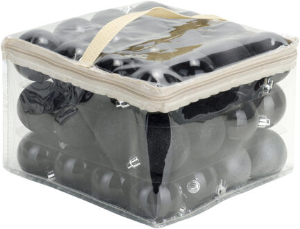 Cosy&Trendy 48x stuks kunststof kerstballen zwart 6 cm in opbergtas/opbergbox