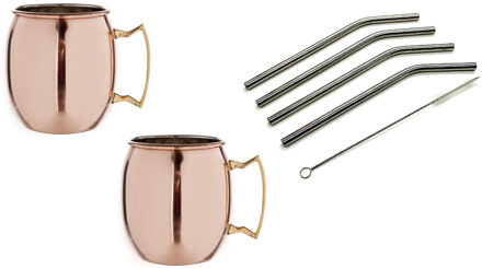 Cosy&Trendy 4x Cocktailbeker/cocktailglas Moscow Mule set met rietjes 450 ml glad koper - Cocktailglazen Bruin