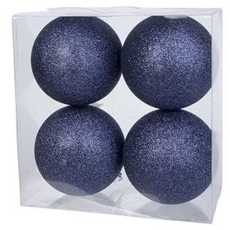 Cosy&Trendy 4x Donkerblauwe glitter kerstballen 10 cm kunststof