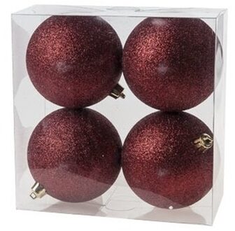 Cosy&Trendy 4x Donkerrode glitter kerstballen 10 cm kunststof