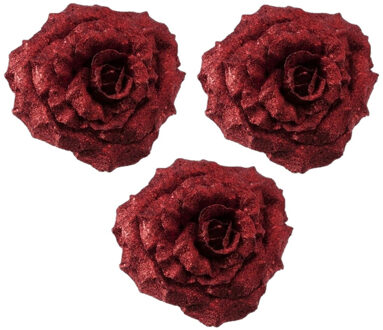 Cosy&Trendy 4x Kerstboomversiering bloemen op clip rode glitter roos 18 cm