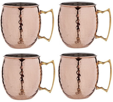 Cosy&Trendy 4x Koperen Moscow Mule beker/glas gehamerd met handvat 450 ml - Cocktailglazen Bruin