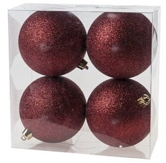 Cosy&Trendy 4x Kunststof kerstballen glitter donkerrood 10 cm kerstboom versiering/decoratie - Kerstbal