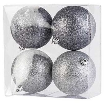 Cosy&Trendy 4x Kunststof kerstballen glitter zilver 10 cm kerstboom versiering/decoratie - Kerstbal Zilverkleurig