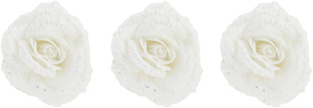 Cosy&Trendy 4x stuks decoratie bloemen roos wit glitter op clip 18 cm - Kunstbloemen