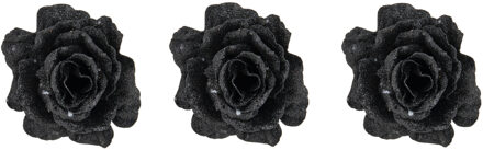 Cosy&Trendy 4x stuks decoratie bloemen roos zwart glitter op clip 10 cm - Kunstbloemen