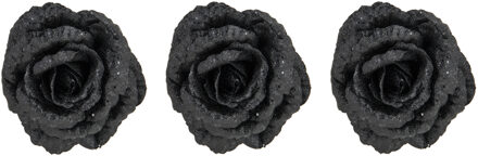 Cosy&Trendy 4x stuks decoratie bloemen roos zwart glitter op clip 15 cm - Kunstbloemen