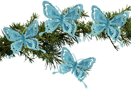 Cosy&Trendy 4x stuks kerstboom decoratie vlinders op clip glitter blauw 14 cm - Kersthangers