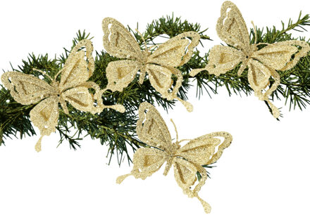 Cosy&Trendy 4x stuks kerstboom decoratie vlinders op clip glitter goud 14 cm - Kersthangers Goudkleurig