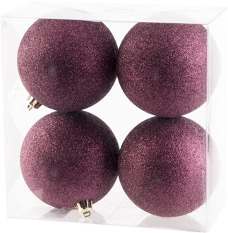 Cosy&Trendy 4x stuks kunststof glitter kerstballen aubergine roze 10 cm - Kerstbal