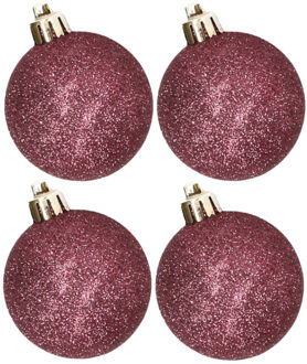 Cosy&Trendy 4x stuks kunststof glitter kerstballen aubergine roze 10 cm - Kerstbal