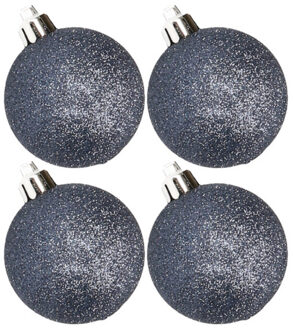 Cosy&Trendy 4x stuks kunststof glitter kerstballen donkerblauw 10 cm - Kerstbal