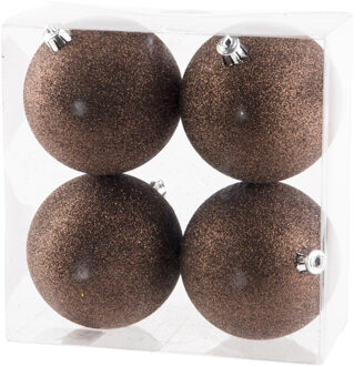 Cosy&Trendy 4x stuks kunststof glitter kerstballen donkerbruin 10 cm - Kerstbal