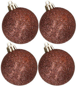 Cosy&Trendy 4x stuks kunststof glitter kerstballen donkerbruin 10 cm - Kerstbal