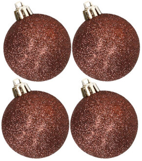 Cosy&Trendy 4x stuks kunststof glitter kerstballen donkerbruin 10 cm